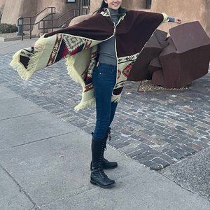 alpaca wool hooded unisex poncho L - aztec patte